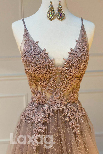 14706 - Metallic Glitter Illusion Cutout Lace Applique Tulle Gown - Laxag