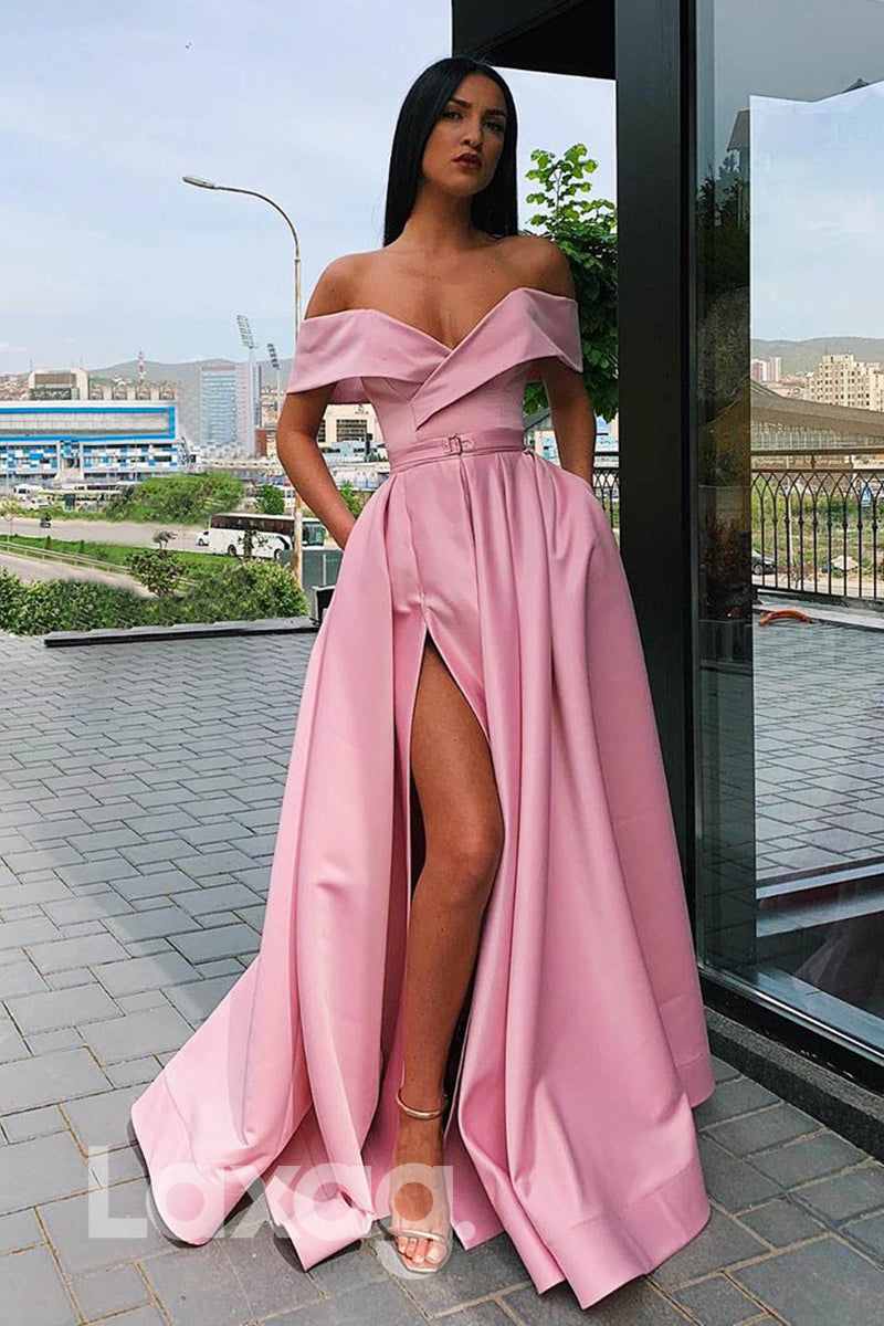 14710 - Long Off-Shoulder Strapless Satin Gown With Slit - Laxag