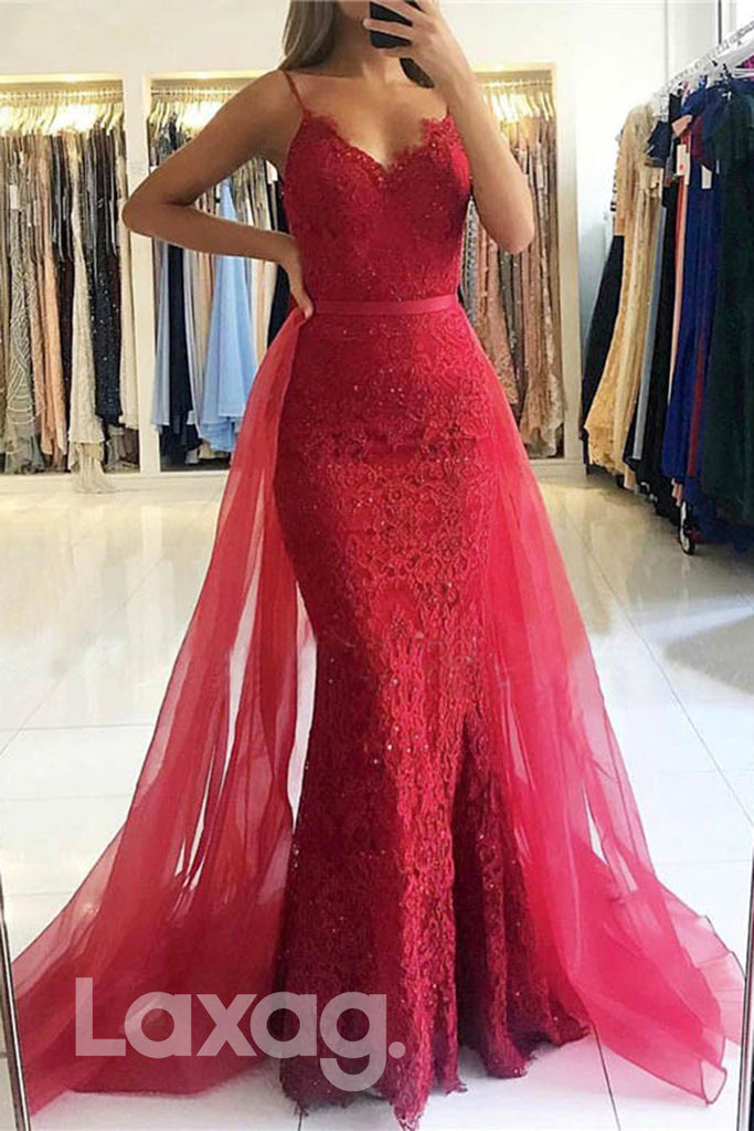 14721 - Allover Lace Straps V-Neck Sheath Dress With Overlay - Laxag