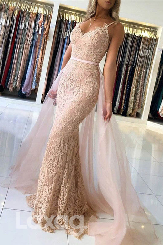 14721 - Allover Lace Straps V-Neck Sheath Dress With Overlay - Laxag
