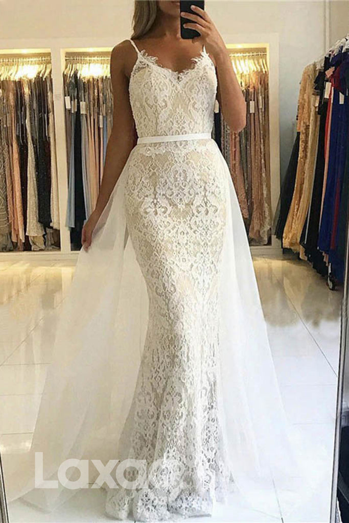14721 - Allover Lace Straps V-Neck Sheath Dress With Overlay - Laxag