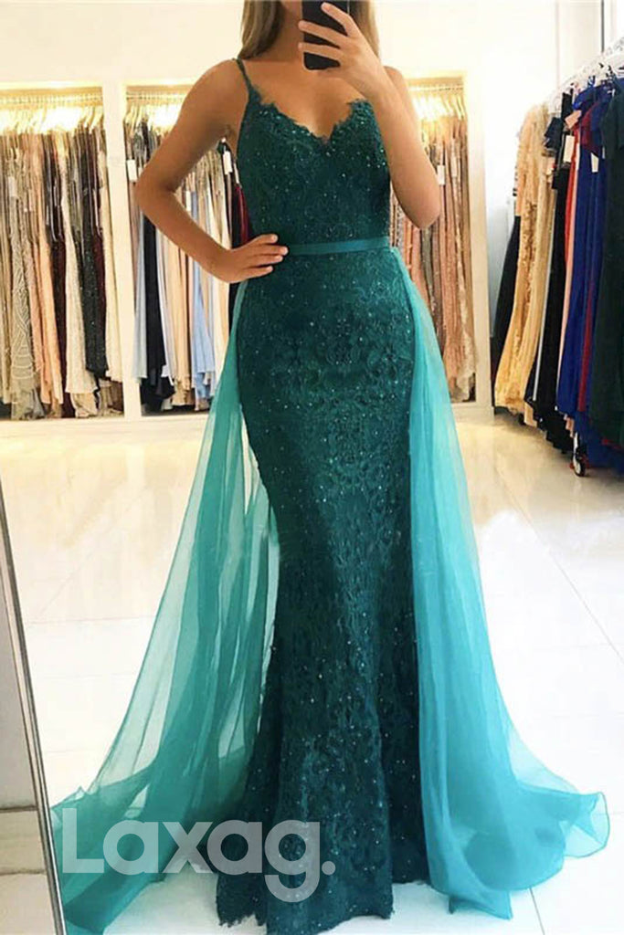 14721 - Allover Lace Straps V-Neck Sheath Dress With Overlay - Laxag