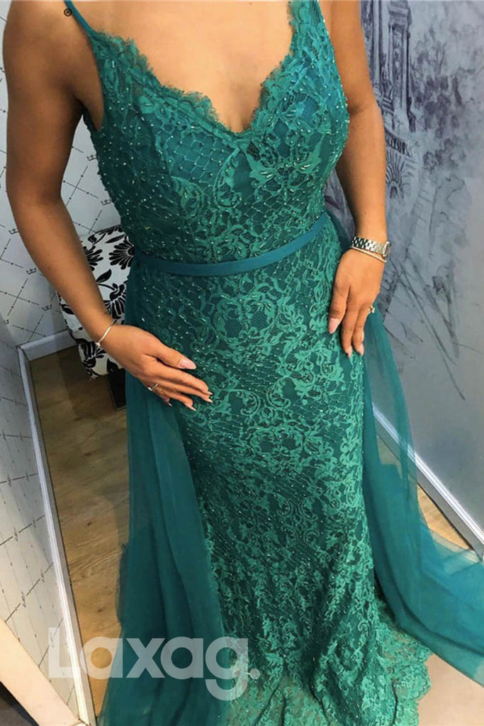 14721 - Allover Lace Straps V-Neck Sheath Dress With Overlay - Laxag