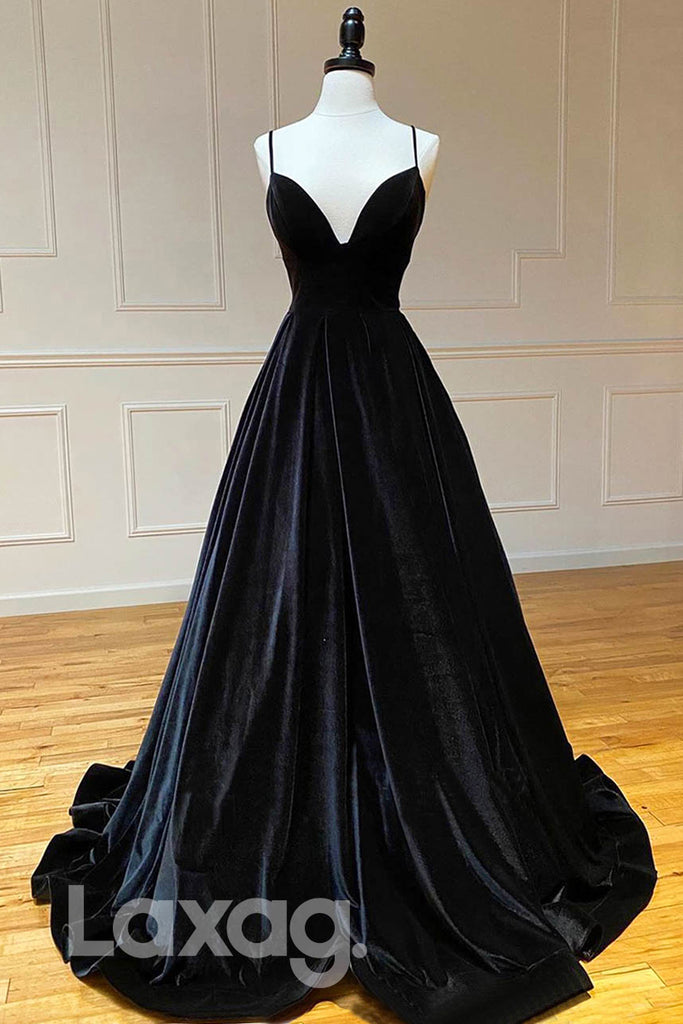 14730 - V-Neck Straps Pleated Velvet Evening Dress With Corset - Laxag