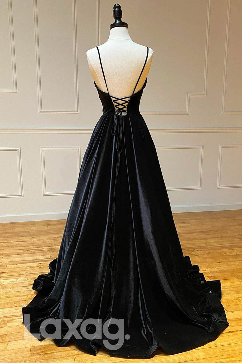 14730 - V-Neck Straps Pleated Velvet Evening Dress With Corset - Laxag