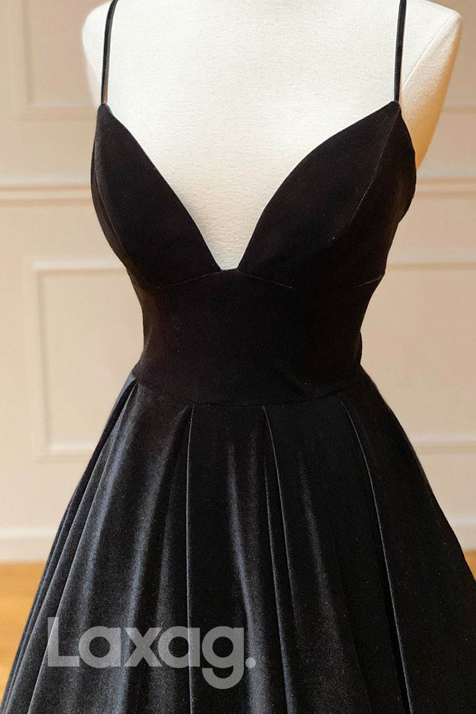 14730 - V-Neck Straps Pleated Velvet Evening Dress With Corset - Laxag