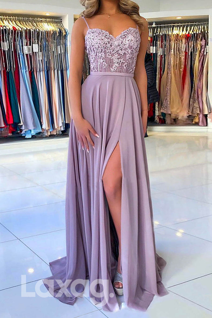 14776 - Lace Applique Sweetheart Fitted Dress With Slit - Laxag
