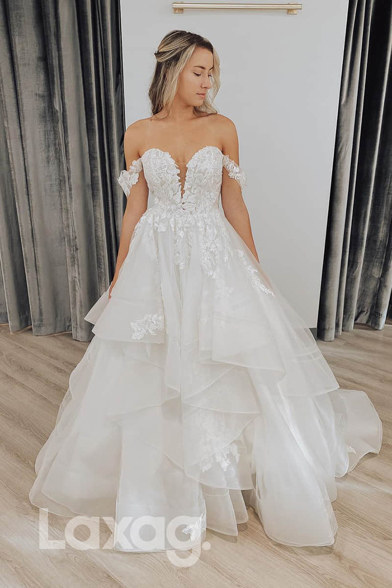 12544 - Off-Shoulder Sweetheart A-Line Tulle Tiered Lace Dress - Laxag