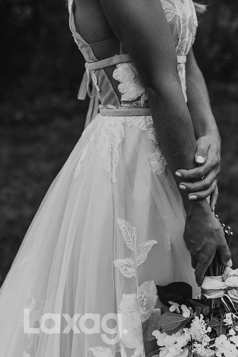 12562 - Floral Appliqued V-Neck Sheer Open-Back Wedding Dress - Laxag