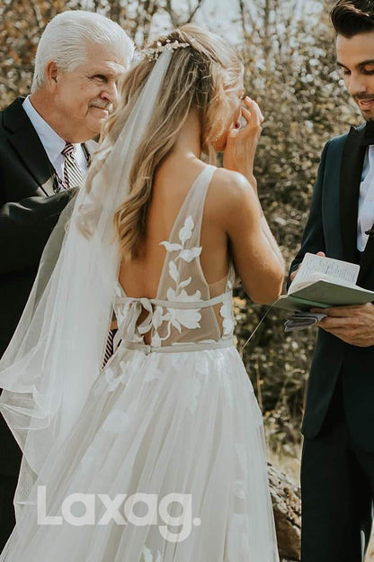 12562 - Floral Appliqued V-Neck Sheer Open-Back Wedding Dress - Laxag