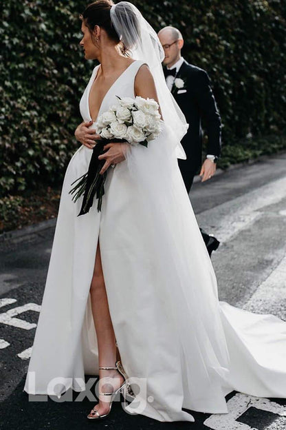 12563 - Couture Deep V-Neck Satin Draped Bridal Dress With Side Slit - Laxag
