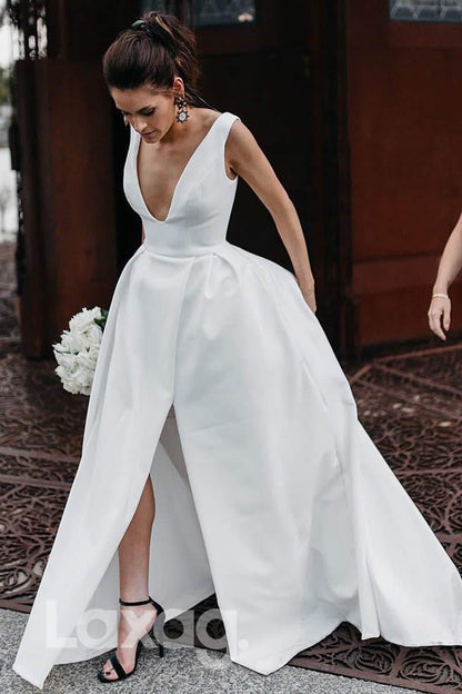 12563 - Couture Deep V-Neck Satin Draped Bridal Dress With Side Slit - Laxag