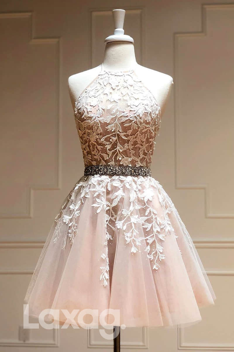12109 - Lace Applique A-Line Illusion Neckline Beaded Short Dress - Laxag