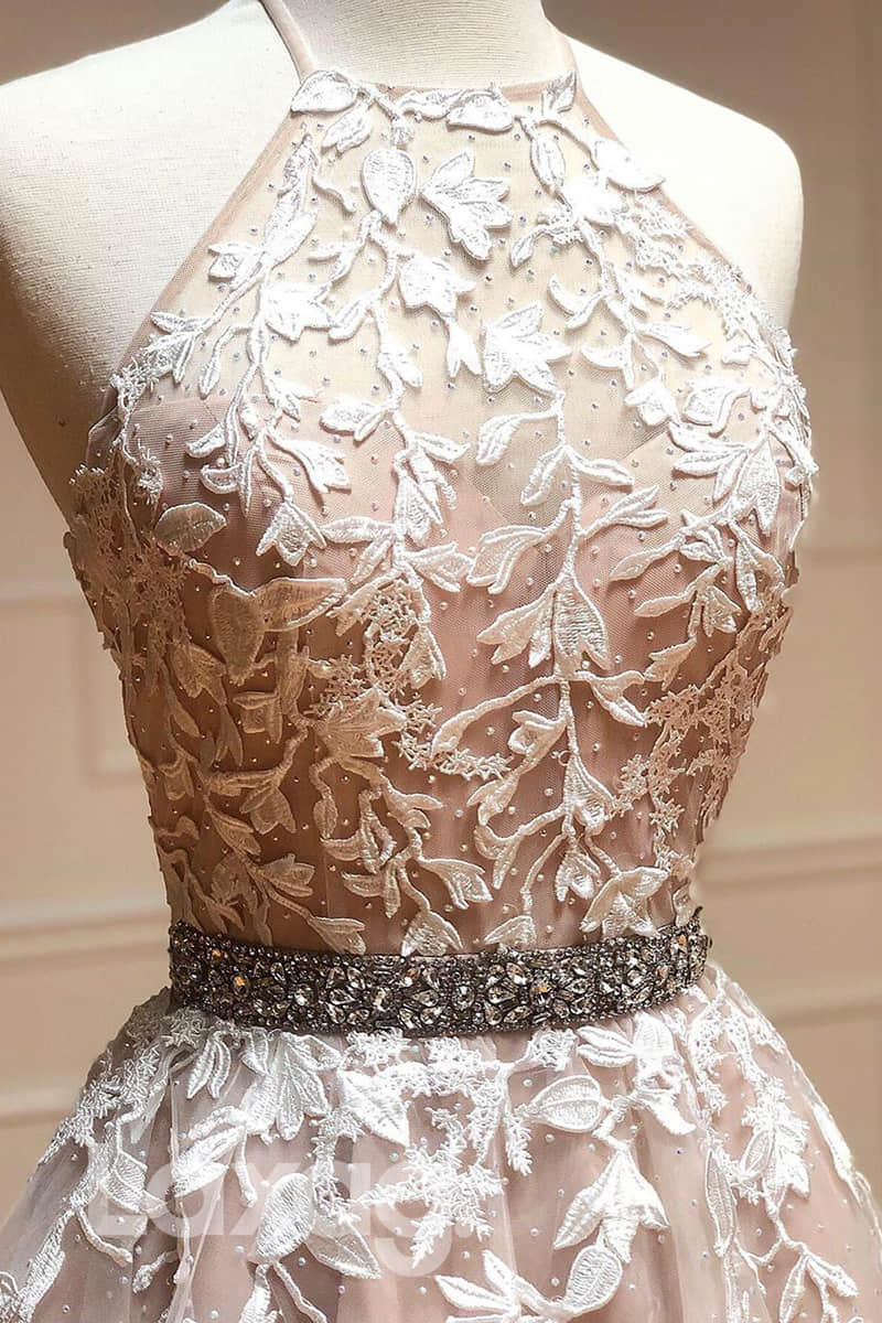 12109 - Lace Applique A-Line Illusion Neckline Beaded Short Dress - Laxag