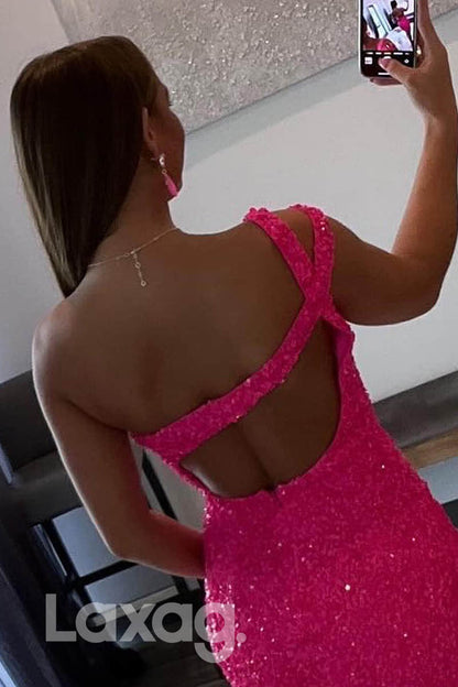 13139 - One Shoulder Sequins Pink Cute Homecoming Dress