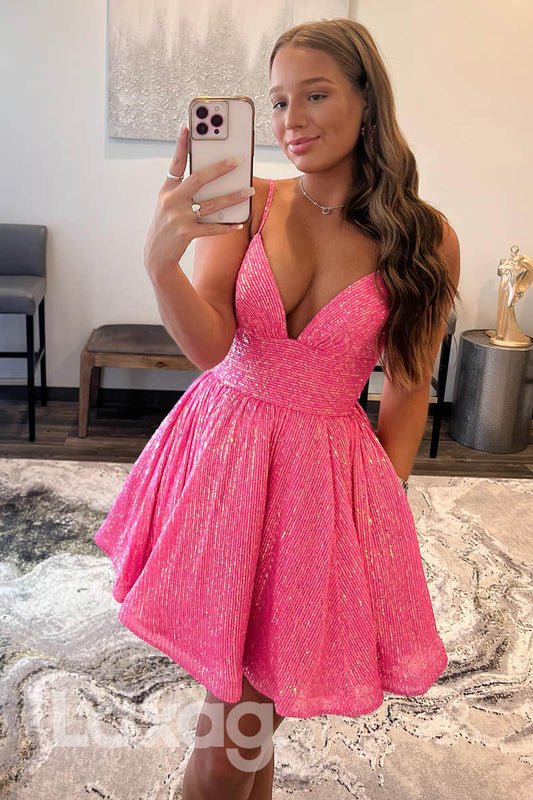 13140 - Spaghetti Straps Sequins Pink Cute Homecoming Dress with Pockets