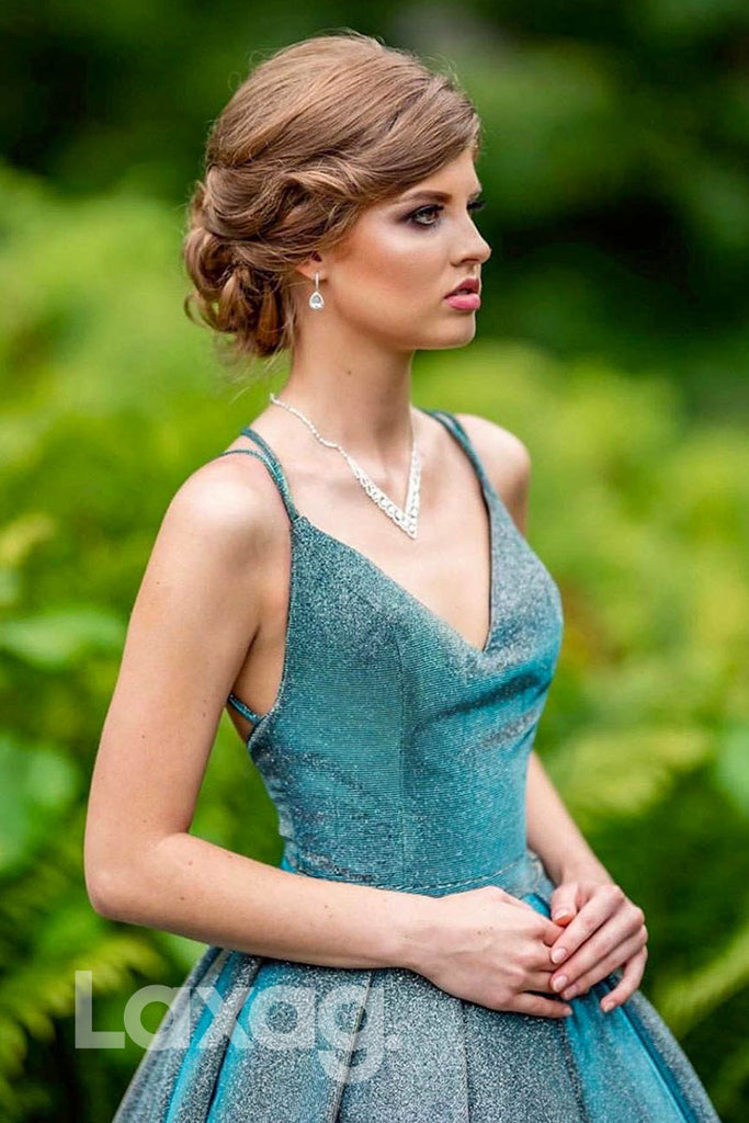 12763 - Crisscross Back V-Neck Glitter A-Line Ballgown Dress - Laxag