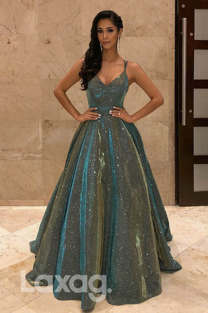 12763 - Crisscross Back V-Neck Glitter A-Line Ballgown Dress - Laxag