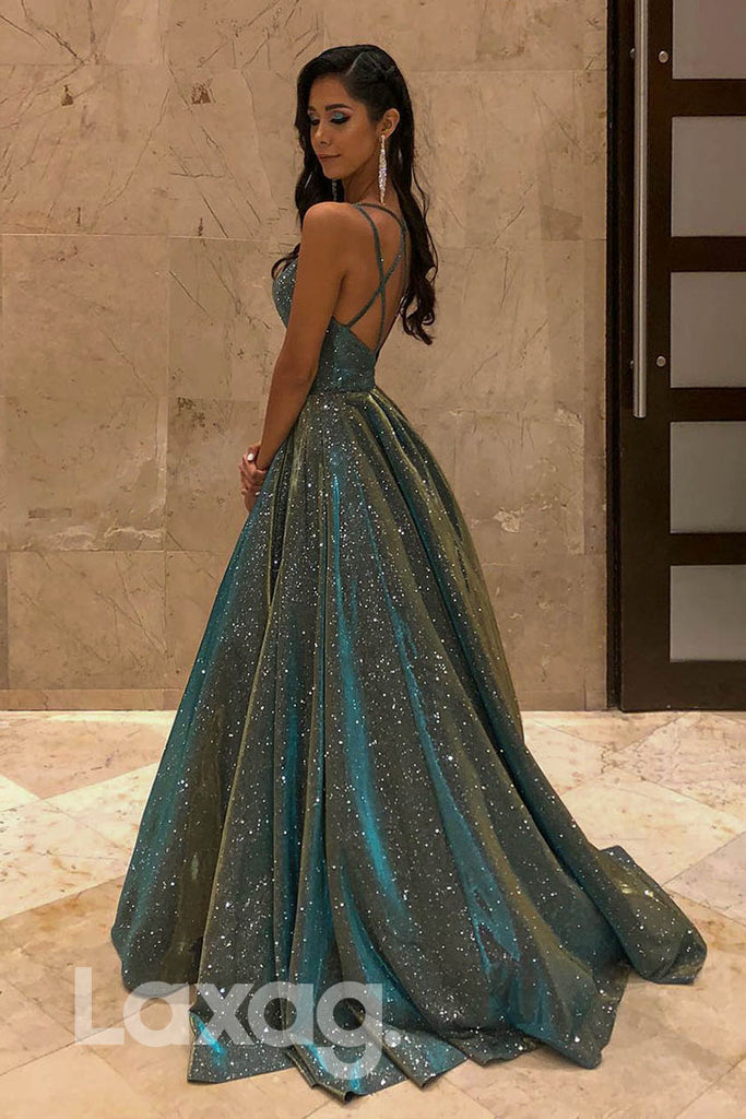 12763 - Crisscross Back V-Neck Glitter A-Line Ballgown Dress - Laxag