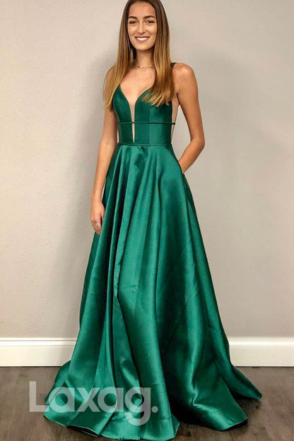 12778 - Plunging Illusion A-Line Strap Satin Long Gown - Laxag